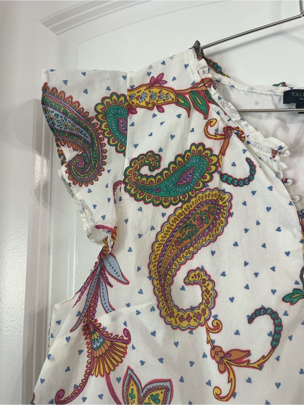 Talbots Top White Paisley Print Cap-Sleeve Blouse 100% Cotton Large Petite - Picture 3 of 6